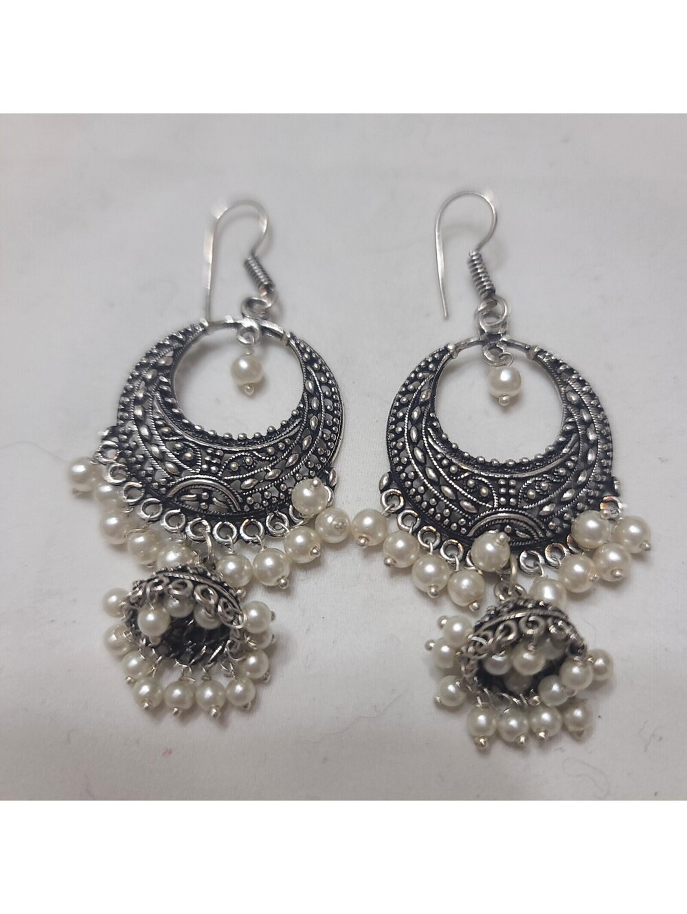 Antique Silver Tone & Pearl Dangle Earrings French Hook Ear Wires Boho